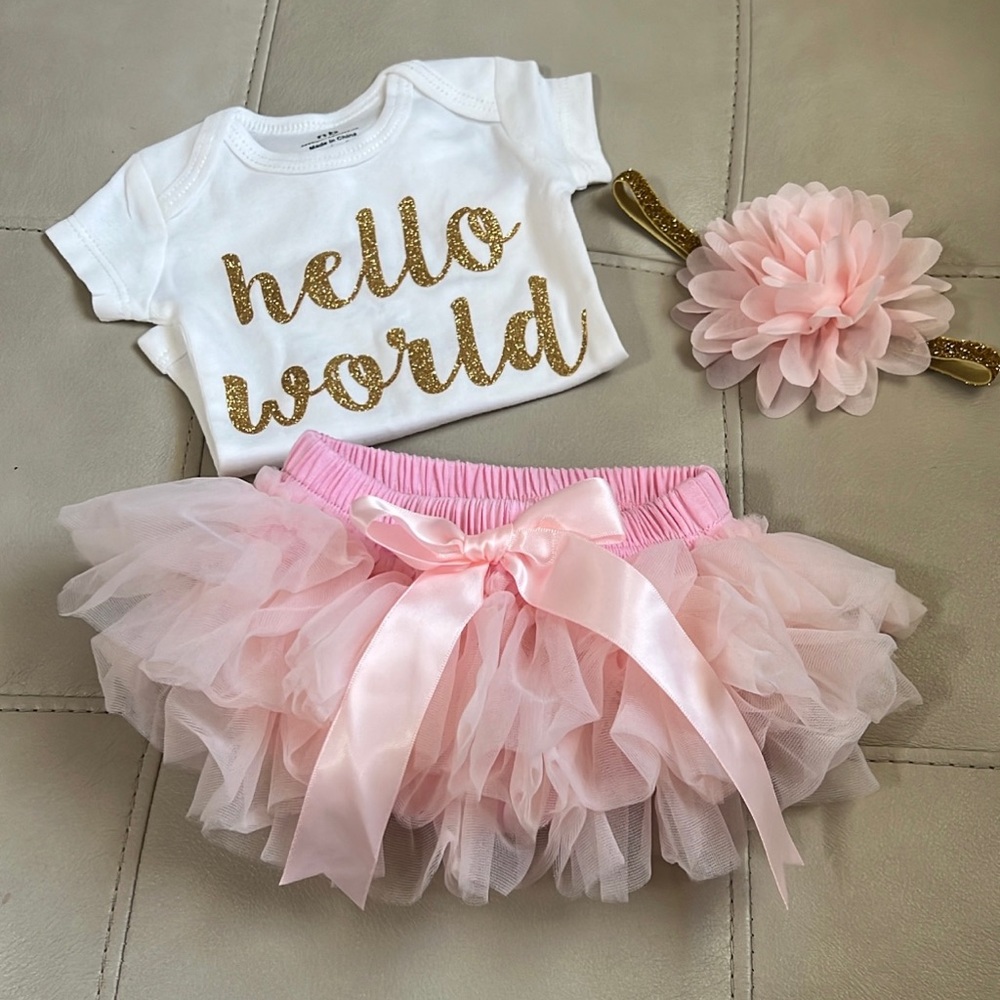 Newborn Baby Girl Coming Home Outfit Hello World Bodysuits 3pcs